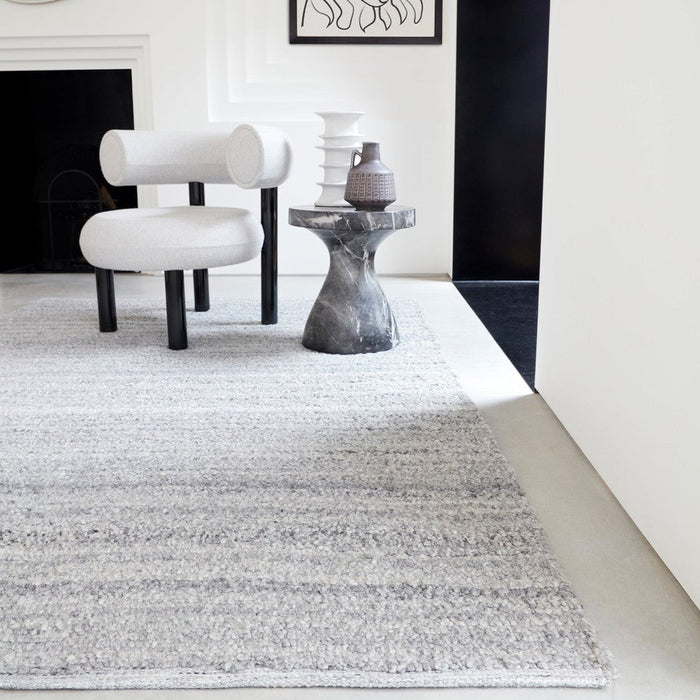 Abbus Modern Boucle Plain Subtle Stripe Hand-Woven Textured-Effect Soft-Touch Polyester Flatweave Steel Grey Rug