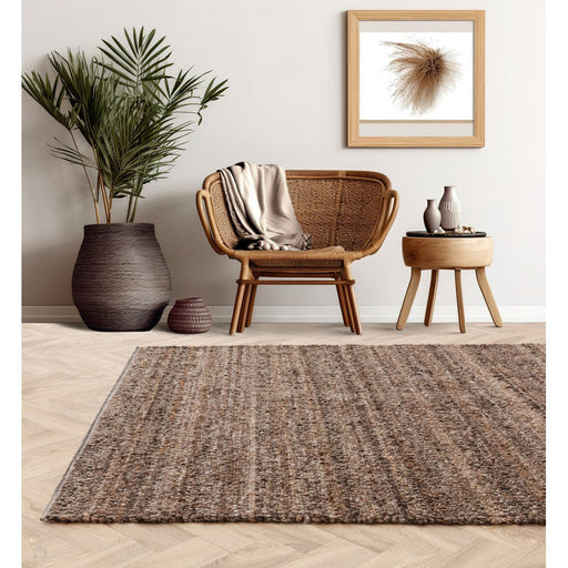 Abbus Modern Boucle Plain Subtle Stripe Hand-Woven Textured-Effect Soft-Touch Polyester Flatweave Tawny Brown Rug