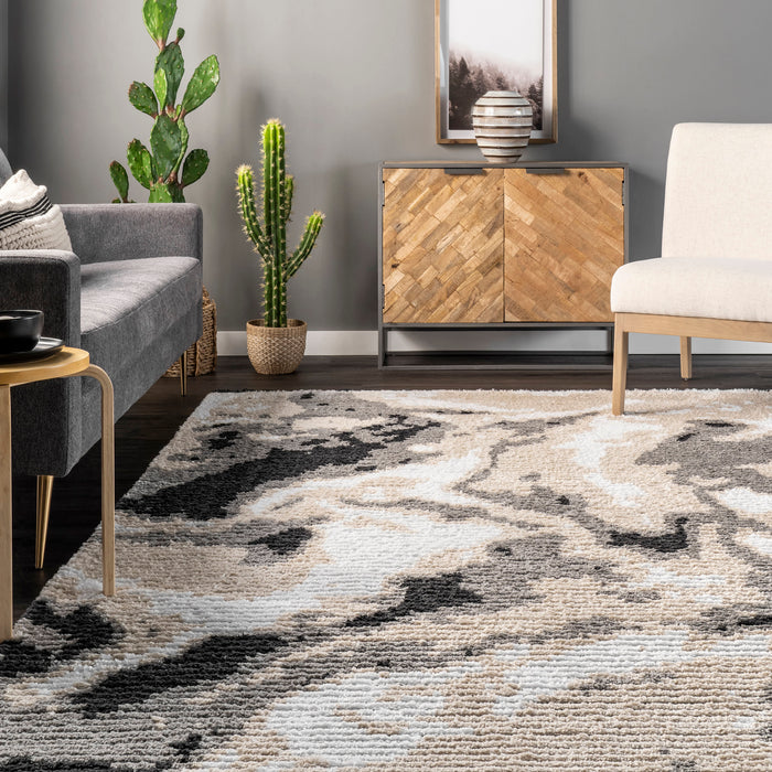 Abstract Beige Tasseled Area Rug for Home Decor