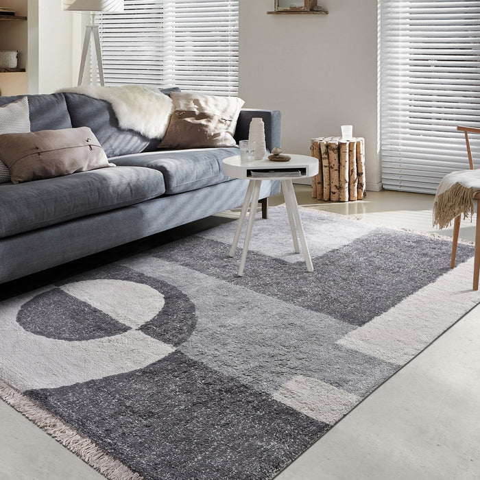 Abstract Cotton Area Rug in White and Grey