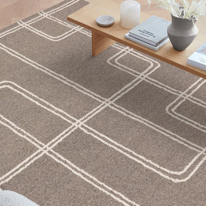 Ada Modern Plain Geometric Ivory Hi-Low Loop Linear Path Hand-Woven Ribbed Textured Wool Grey Rug