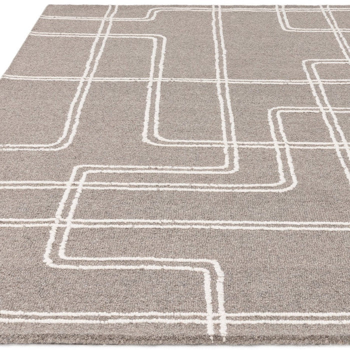 Ada Modern Plain Geometric Ivory Hi-Low Loop Linear Path Hand-Woven Ribbed Textured Wool Grey Rug