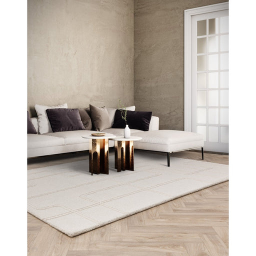 Ada Modern Plain Geometric Ivory Hi-Low Loop Linear Path Hand-Woven Ribbed Textured Wool Ivory Rug