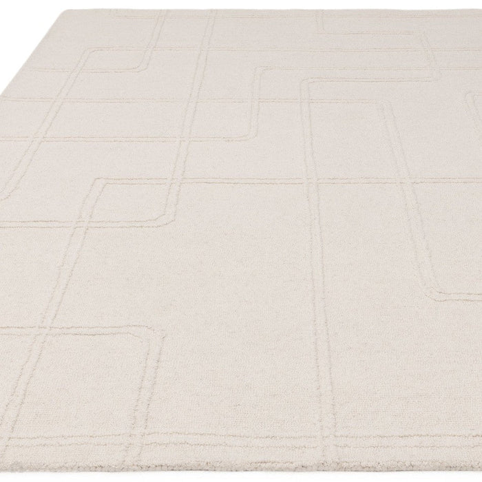 Ada Modern Plain Geometric Ivory Hi-Low Loop Linear Path Hand-Woven Ribbed Textured Wool Ivory Rug