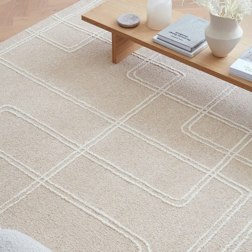 Ada Modern Plain Geometric Ivory Hi-Low Loop Linear Path Hand-Woven Ribbed Textured Wool Sand/Beige Rug