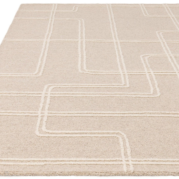 Ada Modern Plain Geometric Ivory Hi-Low Loop Linear Path Hand-Woven Ribbed Textured Wool Sand/Beige Rug