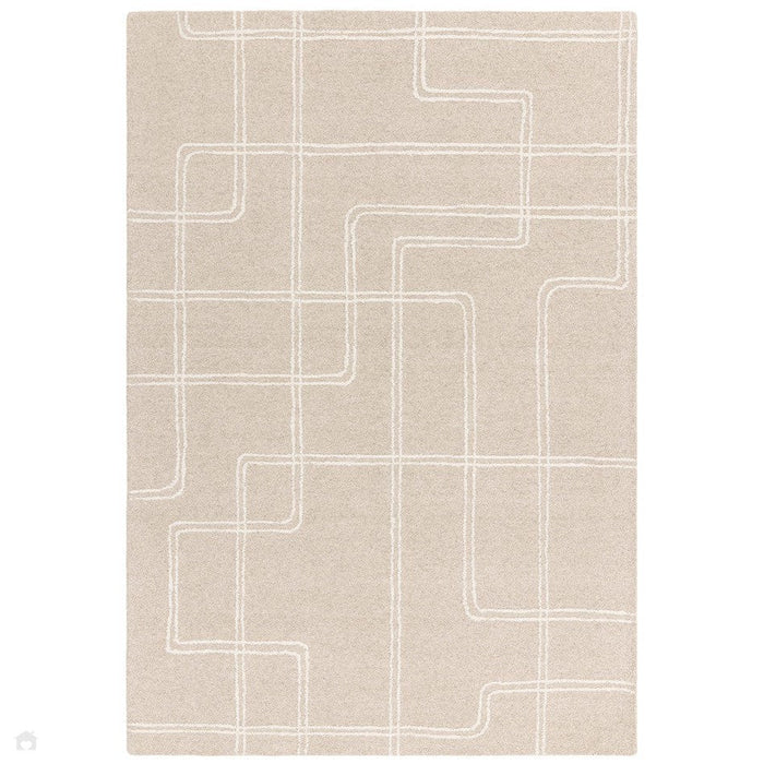 Ada Modern Plain Geometric Ivory Hi-Low Loop Linear Path Hand-Woven Ribbed Textured Wool Sand/Beige Rug