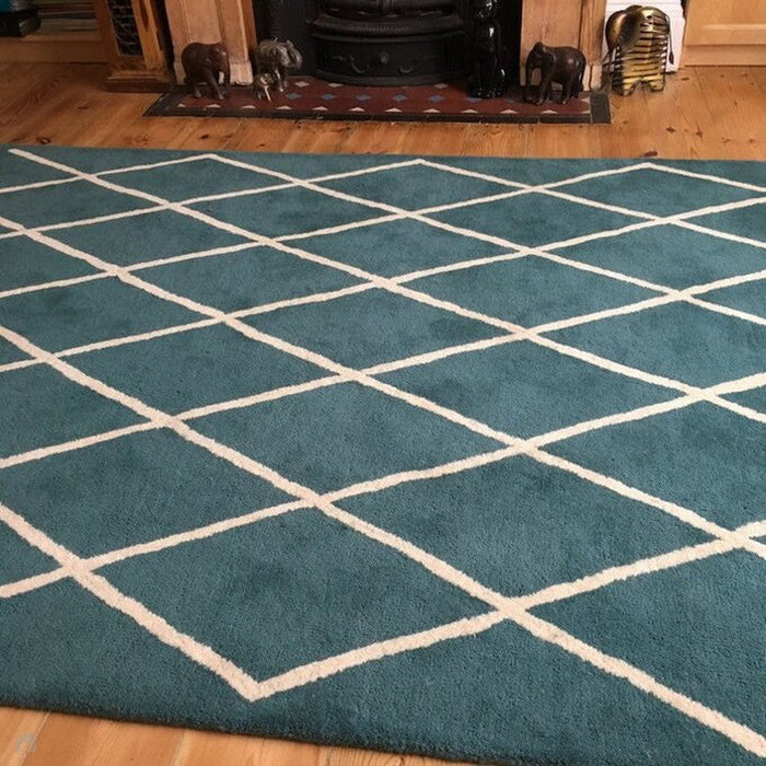 Albany Diamond Modern Geometric Hand-Woven Wool Teal/Cream Rug