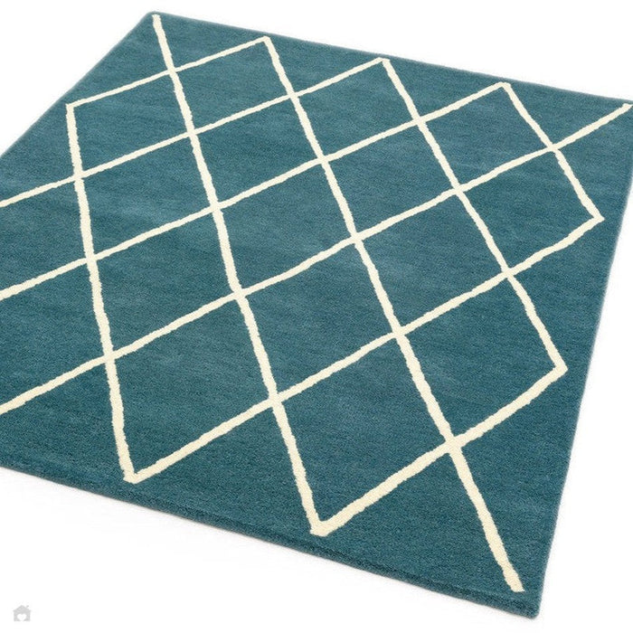 Albany Diamond Modern Geometric Hand-Woven Wool Teal/Cream Rug