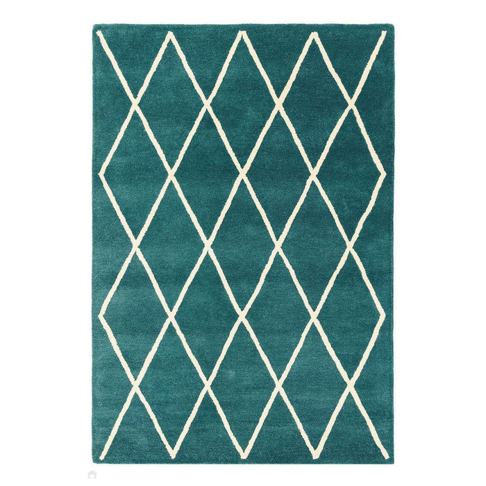 Albany Diamond Modern Geometric Hand-Woven Wool Teal/Cream Rug