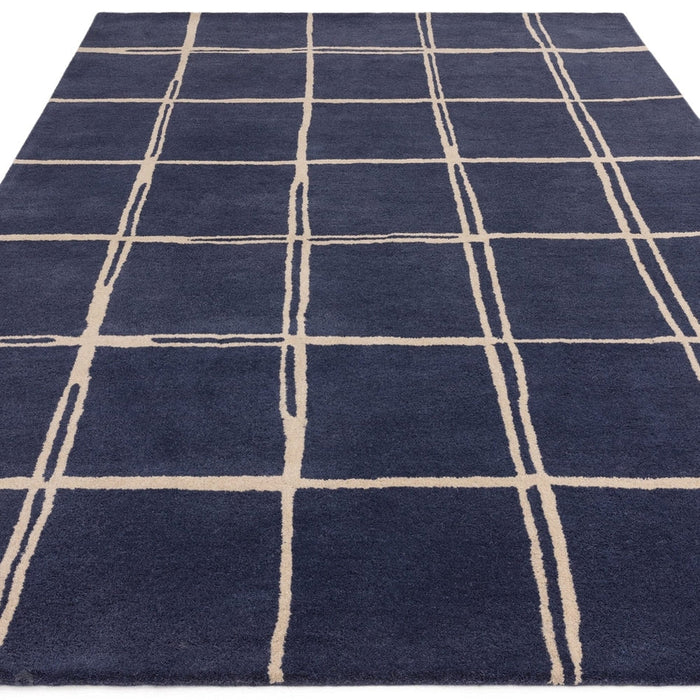 Albany Grid Modern Geometric Hand-Woven Wool Marine/Cream Rug