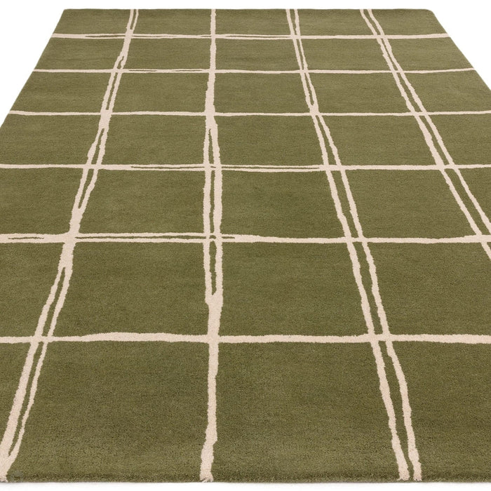 Albany Grid Modern Geometric Hand-Woven Wool Olive/Cream Rug