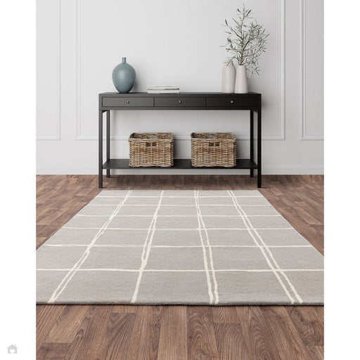 Albany Grid Modern Geometric Hand-Woven Wool Silver/Cream Rug