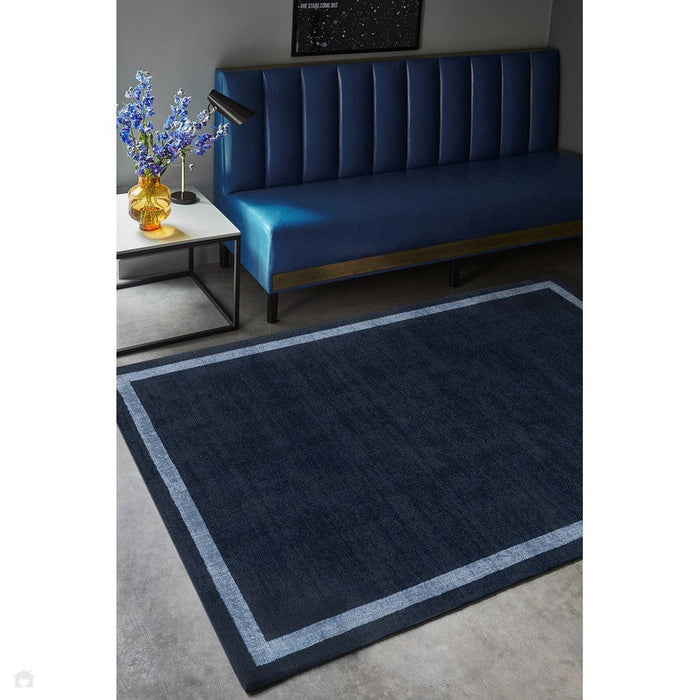 Albi Modern Plain Border Hand-Woven Textured Wool Low Flat Pile Navy Rug