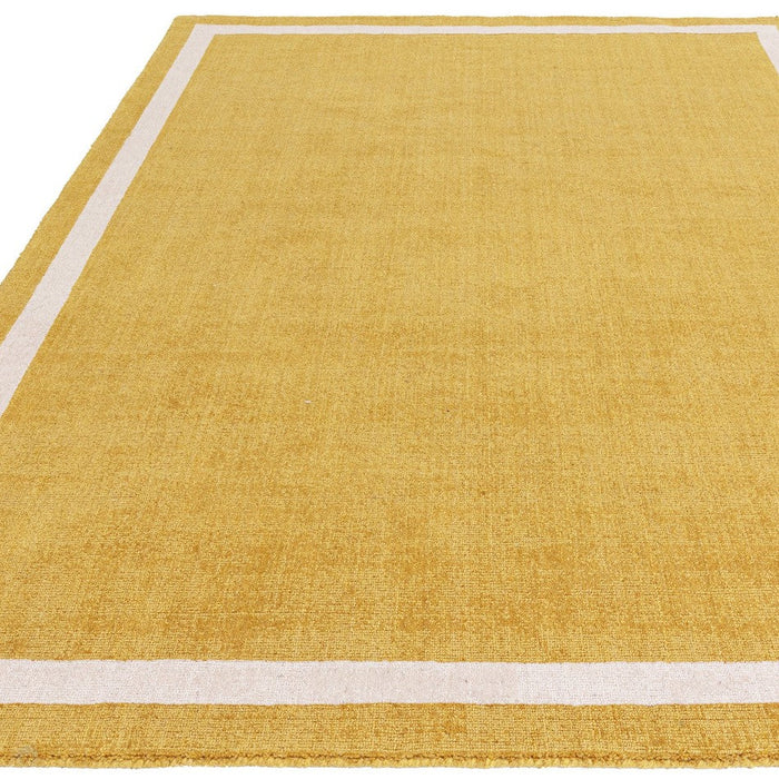 Albi Modern Plain Border Hand-Woven Textured Wool Low Flat Pile Ochre Yellow Runner