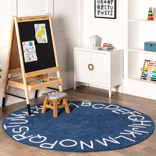 Alphabet Washable Area Rug for Nursery in Navy Color