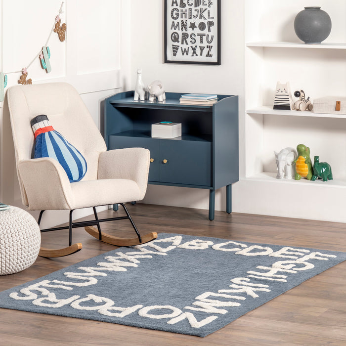 Alphabet Washable Area Rug in Blue Grey for Nursery