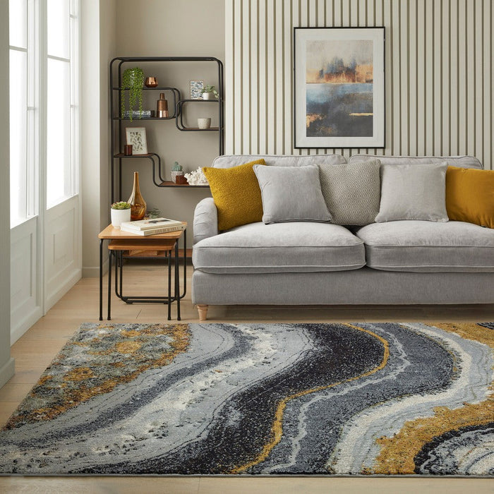 Amara AMA103 Modern Abstract Marbled Granite Stone High-Density Soft-Touch Polyester Grey/Blue/Bronze Rug