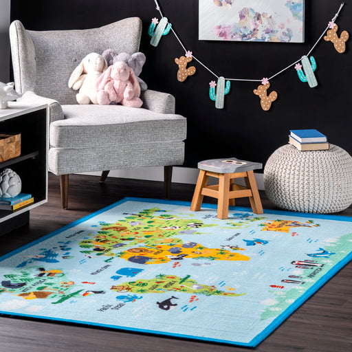 Animal Map Nursery Rug in Baby Blue 120cm x 160cm