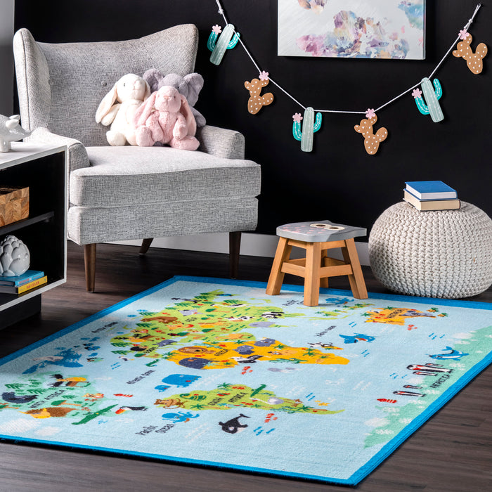 Animal Map Nursery Rug in Baby Blue 120cm x 160cm