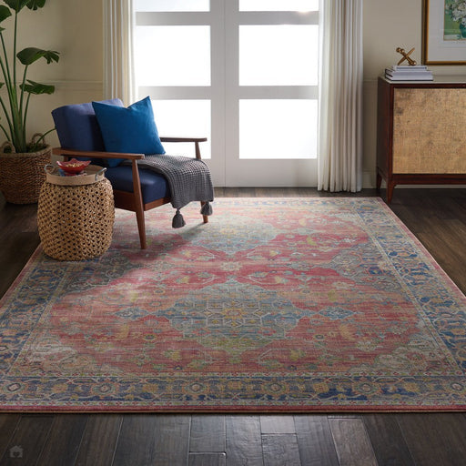 Ankara Global ANR01 Traditional Persian Vintage Distressed Shimmer Floral Medallion Border Textured Carved Low Flat-Pile Multicolour Rug