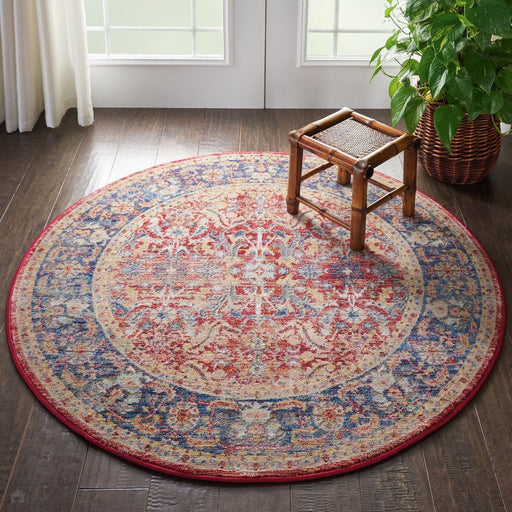 Ankara Global ANR02 Traditional Persian Vintage Distressed Shimmer Floral Ornate Border Textured Carved Low Flat-Pile Red Round Rug