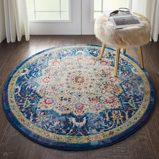 Ankara Global ANR03 Traditional Persian Vintage Distressed Shimmer Floral Medallion Border Textured Carved Low Flat-Pile Blue Round Rug