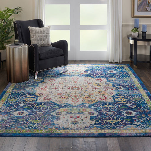 Ankara Global ANR03 Traditional Persian Vintage Distressed Shimmer Floral Medallion Border Textured Carved Low Flat-Pile Blue Rug