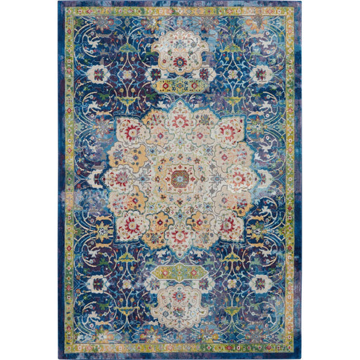 Ankara Global ANR03 Traditional Persian Vintage Distressed Shimmer Floral Medallion Border Textured Carved Low Flat-Pile Blue Rug