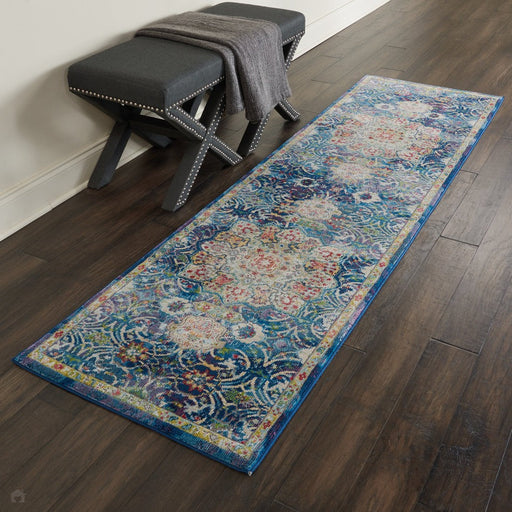 Ankara Global ANR03 Traditional Persian Vintage Distressed Shimmer Floral Medallion Border Textured Carved Low Flat-Pile Blue Runner
