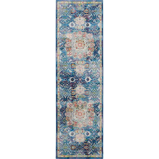Ankara Global ANR03 Traditional Persian Vintage Distressed Shimmer Floral Medallion Border Textured Carved Low Flat-Pile Blue Runner