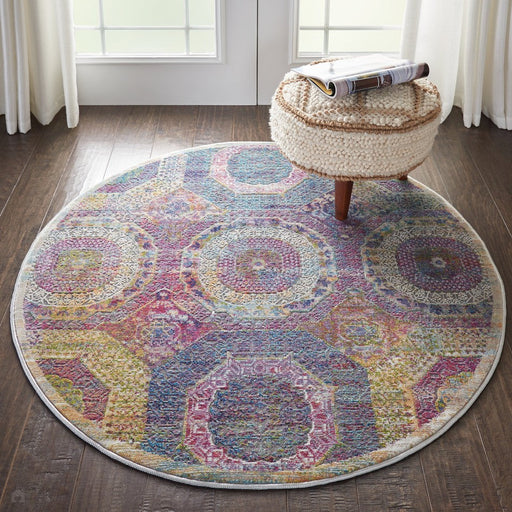 Ankara Global ANR05 Traditional Persian Vintage Distressed Shimmer Floral Ornate Textured Carved Low Flat-Pile Multicolour Round Rug