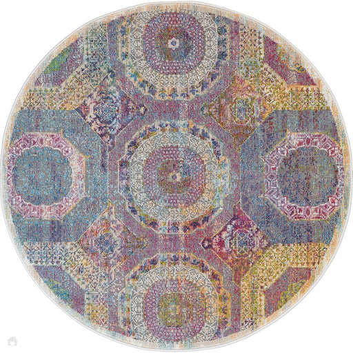 Ankara Global ANR05 Traditional Persian Vintage Distressed Shimmer Floral Ornate Textured Carved Low Flat-Pile Multicolour Round Rug