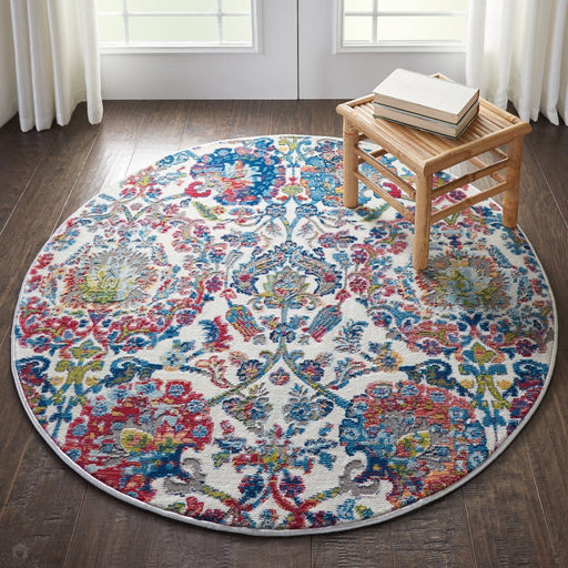 Ankara Global ANR06 Traditional Persian Vintage Distressed Shimmer Floral Ornate Textured Carved Low Flat-Pile Ivory/Blue Round Rug