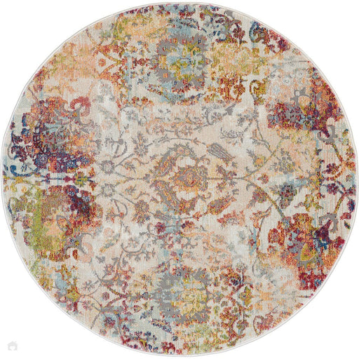 Ankara Global ANR06 Traditional Persian Vintage Distressed Shimmer Floral Ornate Textured Carved Low Flat-Pile Ivory/Orange Round Rug