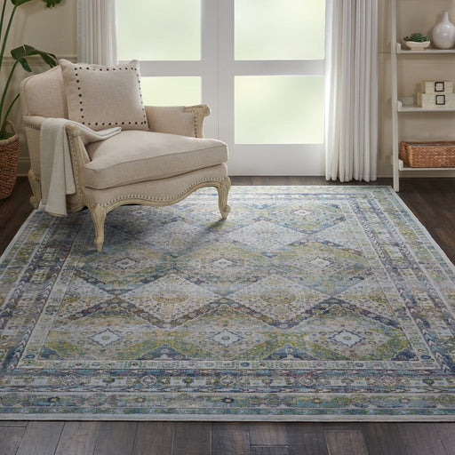 Ankara Global ANR07 Traditional Persian Vintage Distressed Shimmer Floral Medallion Border Textured Carved Low Flat-Pile Blue/Green Rug