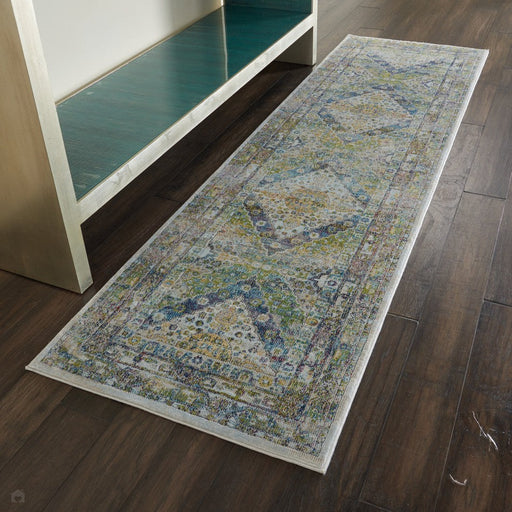 Ankara Global ANR07 Traditional Persian Vintage Distressed Shimmer Floral Medallion Border Textured Carved Low Flat-Pile Blue/Green Runner