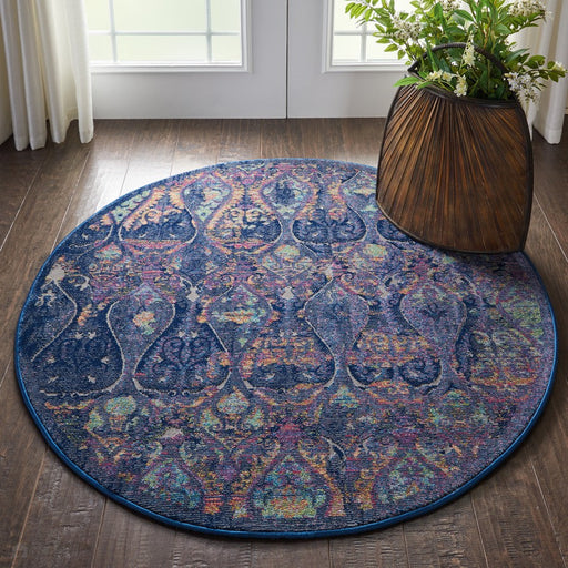 Ankara Global ANR08 Traditional Persian Vintage Distressed Shimmer Floral Ornate Textured Carved Low Flat-Pile Navy/Multicolour Round Rug