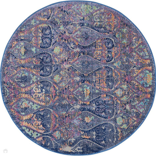 Ankara Global ANR08 Traditional Persian Vintage Distressed Shimmer Floral Ornate Textured Carved Low Flat-Pile Navy/Multicolour Round Rug