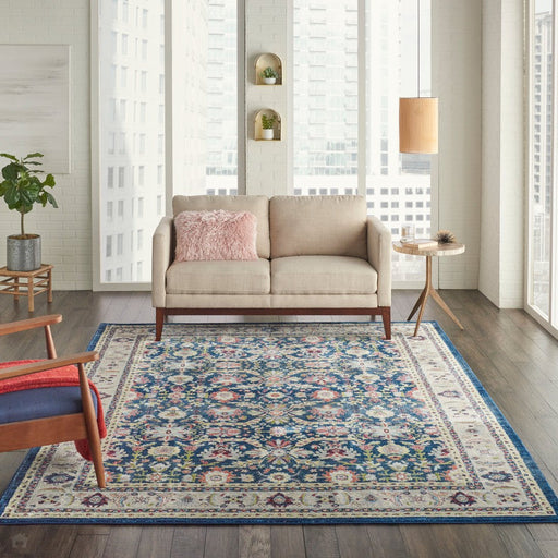 Ankara Global ANR13 Traditional Persian Vintage Distressed Shimmer Floral Ornate Border Textured Carved Low Flat-Pile Navy/Multicolour Rug