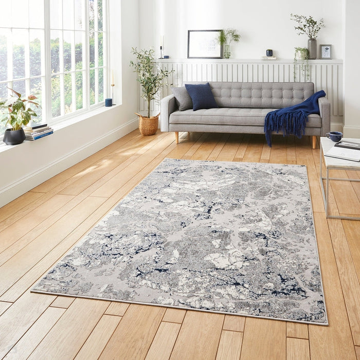 Apollo 2677 Modern Abstract Distressed Marble Metallic Shimmer High-Density Textured Flat Pile Grey/Navy/Cream Rug