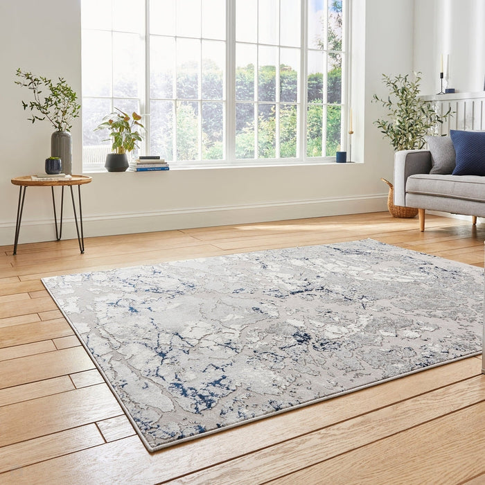 Apollo 2677 Modern Abstract Distressed Marble Metallic Shimmer High-Density Textured Flat Pile Grey/Navy/Cream Rug