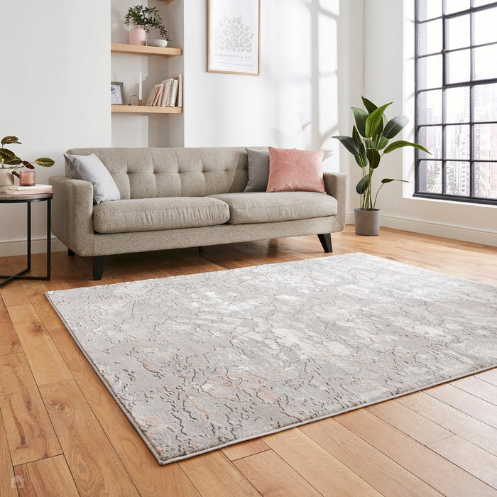 Apollo 2677 Modern Abstract Distressed Marble Metallic Shimmer High-Density Textured Flat Pile Grey/Rose/Cream Rug