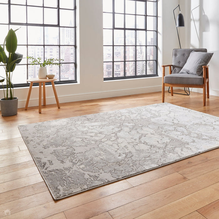 Apollo 2677 Modern Abstract Distressed Marble Metallic Shimmer High-Density Textured Flat Pile Grey/Silver/Ivory Rug