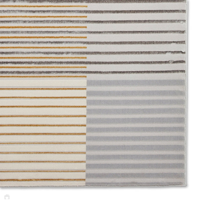 Apollo 2681 Modern Geometric Striped Blocks Distressed Metallic Shimmer High-Density Textured Flat Pile Grey/Gold/Cream Rug