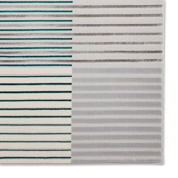 Apollo 2681 Modern Geometric Striped Blocks Distressed Metallic Shimmer High-Density Textured Flat Pile Grey/Green/Cream Rug