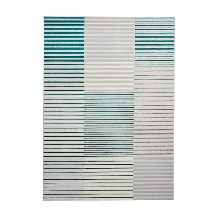 Apollo 2681 Modern Geometric Striped Blocks Distressed Metallic Shimmer High-Density Textured Flat Pile Grey/Green/Cream Rug