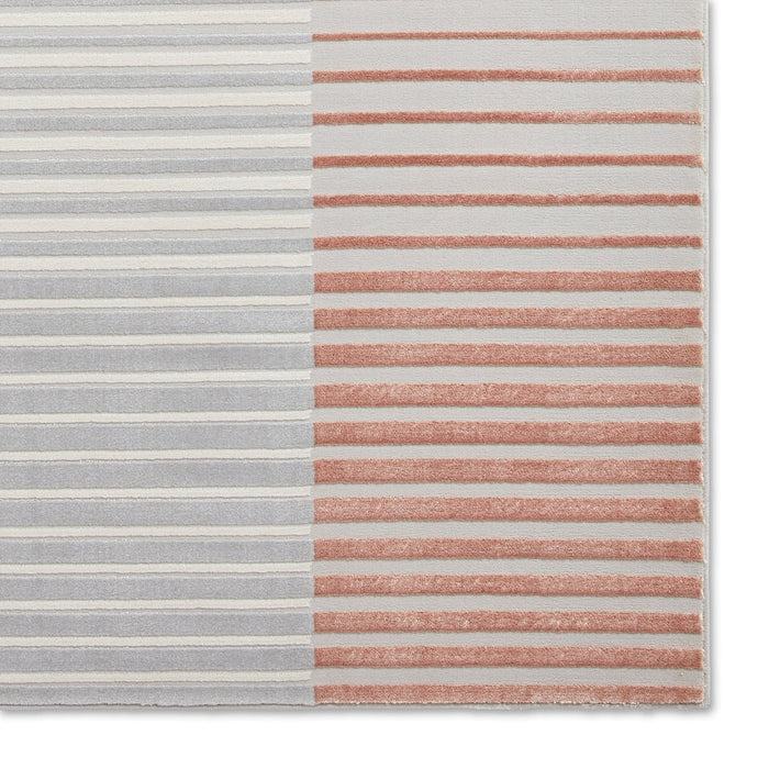 Apollo 2681 Modern Geometric Striped Blocks Distressed Metallic Shimmer High-Density Textured Flat Pile Grey/Rose/Cream Rug