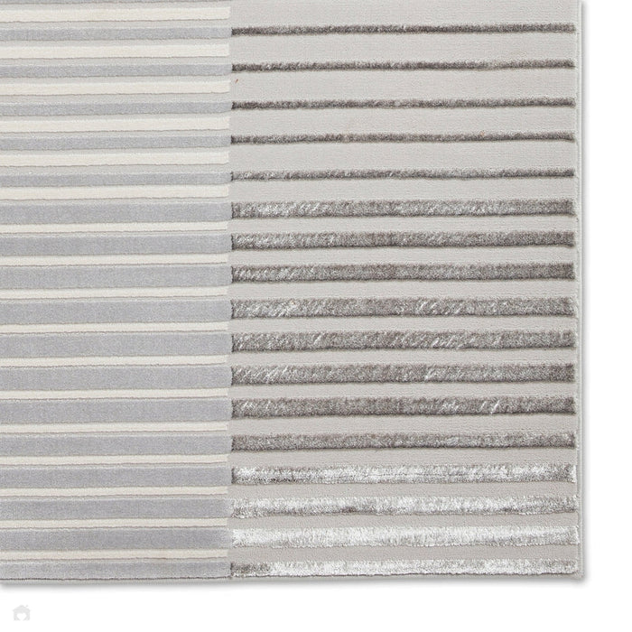 Apollo 2681 Modern Geometric Striped Blocks Distressed Metallic Shimmer High-Density Textured Flat Pile Grey/Silver/Ivory Rug