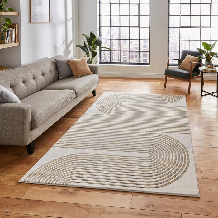 Apollo 2683 Modern Geometric Swirl Distressed Metallic Shimmer High-Density Textured Flat Pile Grey/Gold/Cream Rug